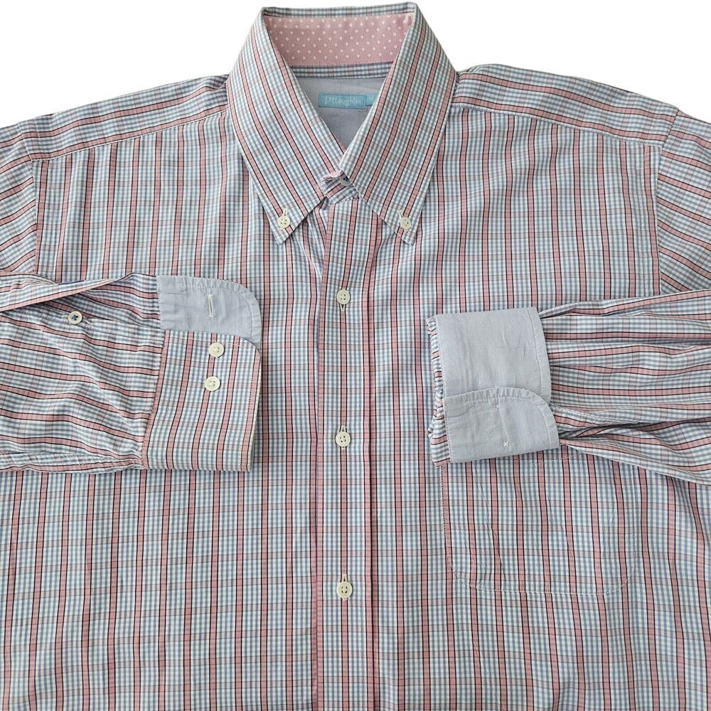 J McLaughlin Mens M Pink Blue Micro Gingham Check Windowpane Long Sleeve‎ Button